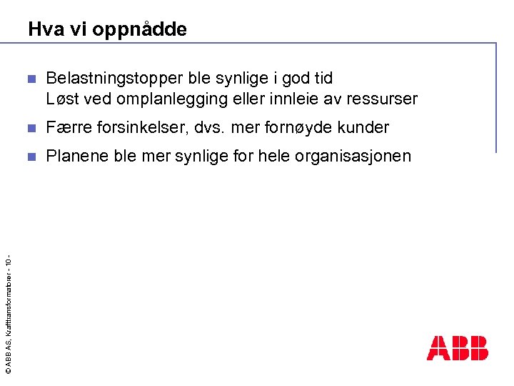 Hva vi oppnådde Belastningstopper ble synlige i god tid Løst ved omplanlegging eller innleie