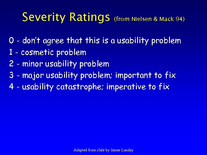 Severity Ratings (from Nielsen & Mack 94) 0 - don’t agree that this is