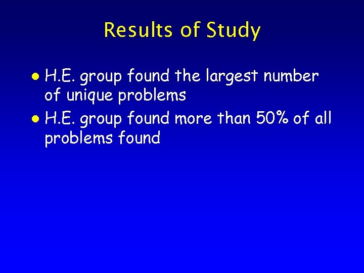 Results of Study H. E. group found the largest number of unique problems l