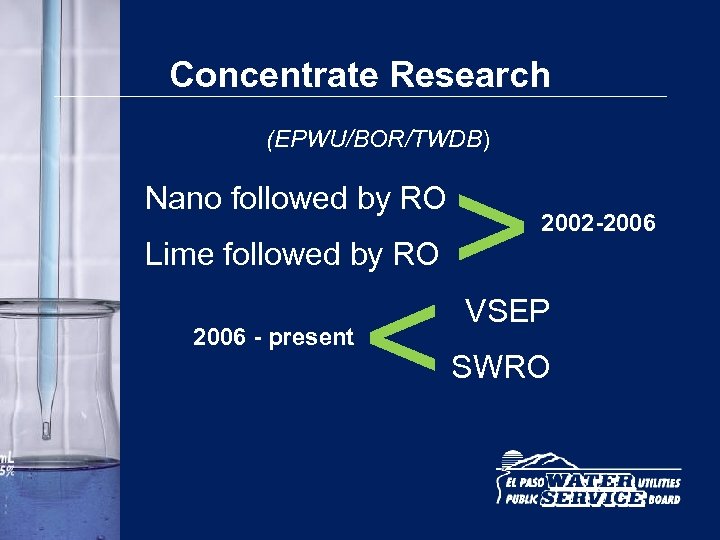 Concentrate Research (EPWU/BOR/TWDB) Nano followed by RO Lime followed by RO > 2006 -
