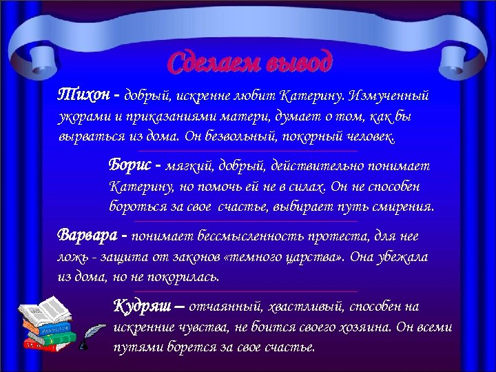 Сделаем вывод Тихон - добрый, искренне любит Катерину. Измученный укорами и приказаниями матери, думает