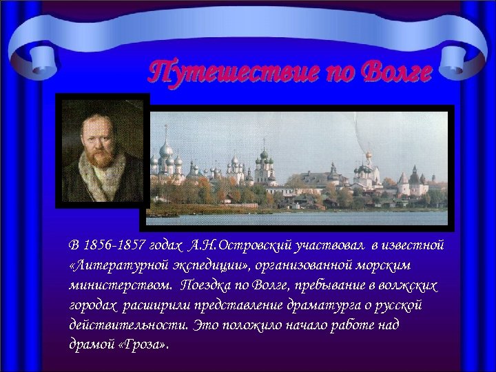 Путешествие по Волге В 1856 -1857 годах А. Н. Островский участвовал в известной «Литературной