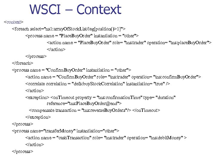WSCI – Context <context> <foreach select="ns 1: array. Of. Stock. List/leg[position()>1]"> <process name =