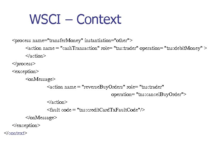 WSCI – Context <process name="transfer. Money" instantiation="other"> <action name = "cash. Transaction" role= "tns: