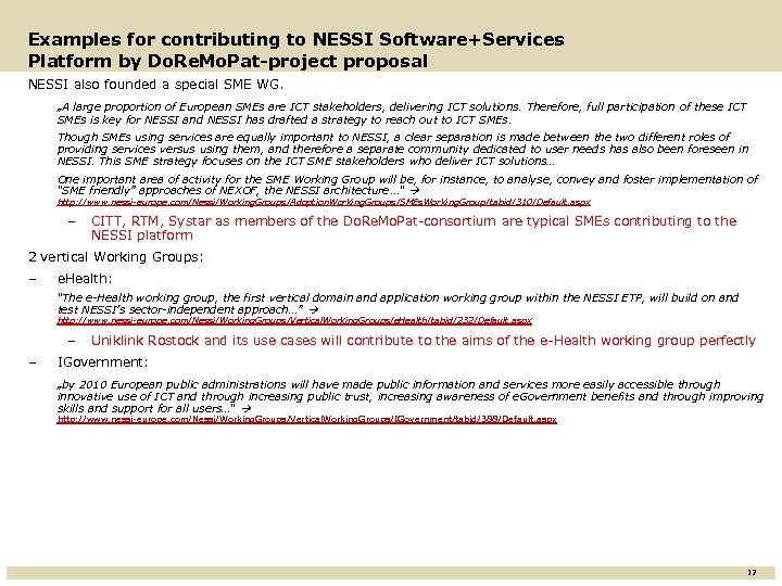 Examples for contributing to NESSI Software+Services Platform by Do. Re. Mo. Pat-project proposal NESSI