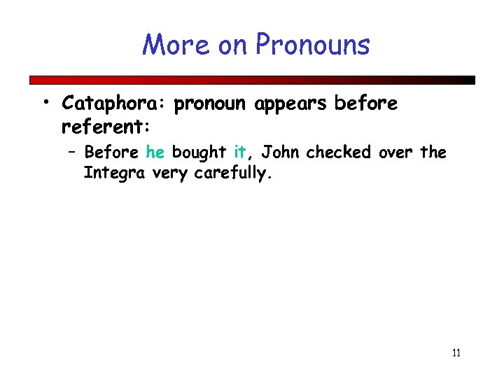 More on Pronouns • Cataphora: pronoun appears before referent: – Before he bought it,