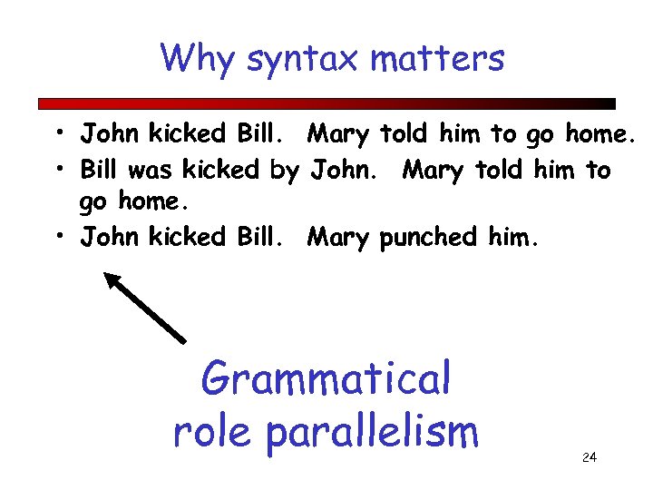 Why syntax matters • John kicked Bill. Mary told him to go home. •
