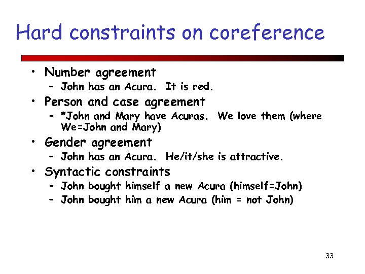 Hard constraints on coreference • Number agreement – John has an Acura. It is