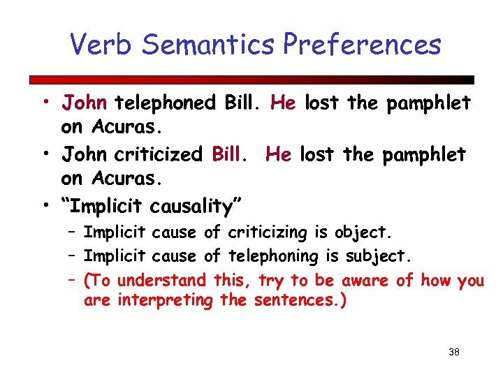 Verb Semantics Preferences • John telephoned Bill. He lost the pamphlet on Acuras. •