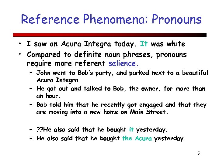 Reference Phenomena: Pronouns • I saw an Acura Integra today. It was white •