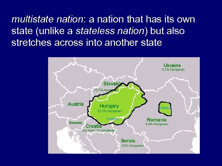 multistate nation: a nation that has its own state (unlike a stateless nation) but