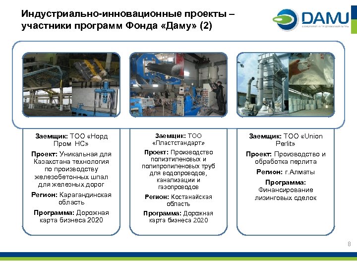Индустриально-инновационные проекты – участники программ Фонда «Даму» (2) Заемщик: ТОО «Норд Пром НС» Проект: