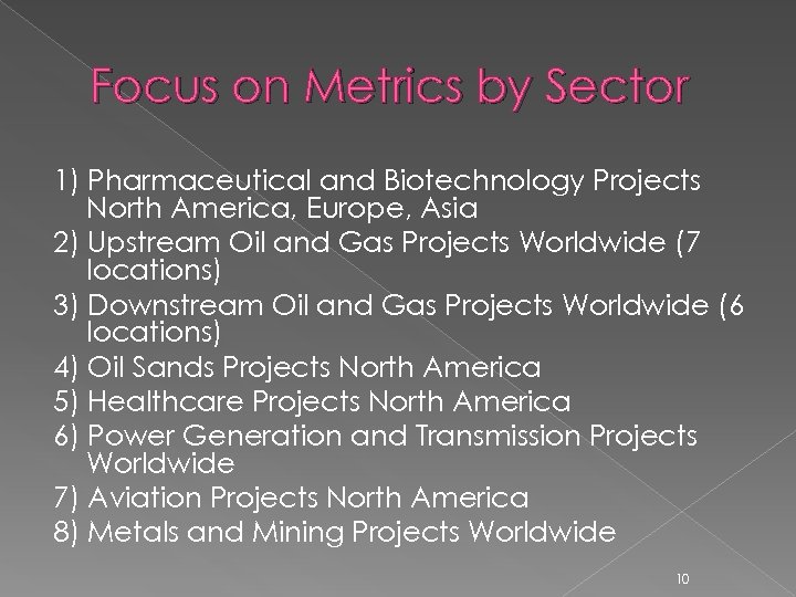 Focus on Metrics by Sector 1) Pharmaceutical and Biotechnology Projects North America, Europe, Asia