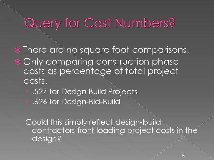Query for Cost Numbers? There are no square foot comparisons. Only comparing construction phase