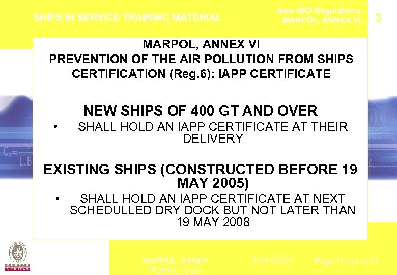 SHIPS IN SERVICE TRAINING MATERIAL New IMO Regulations