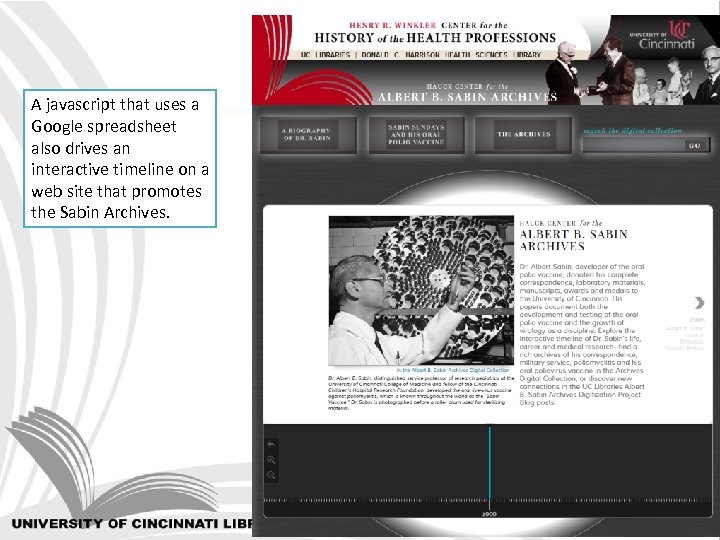 A javascript that uses a Google spreadsheet also drives an interactive timeline on a