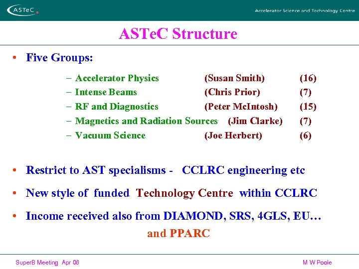 ASTe. C Structure • Five Groups: – – – Accelerator Physics (Susan Smith) Intense