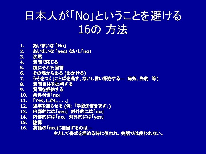 日本人が「No」ということを避ける 16の 方法 1. 2. 3. 4. 5. 6. 7. 8. 9. 10. 11.