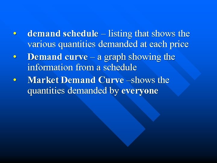  • • • demand schedule – listing that shows the various quantities demanded
