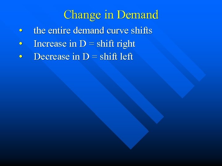 Change in Demand • • • the entire demand curve shifts Increase in D