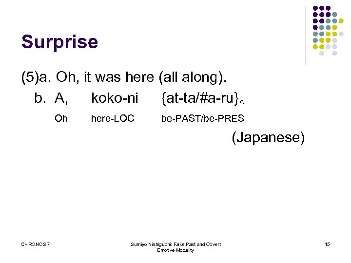 Surprise (5)a. Oh, it was here (all along). b. A, koko-ni {at-ta/#a-ru}。 Oh here-LOC