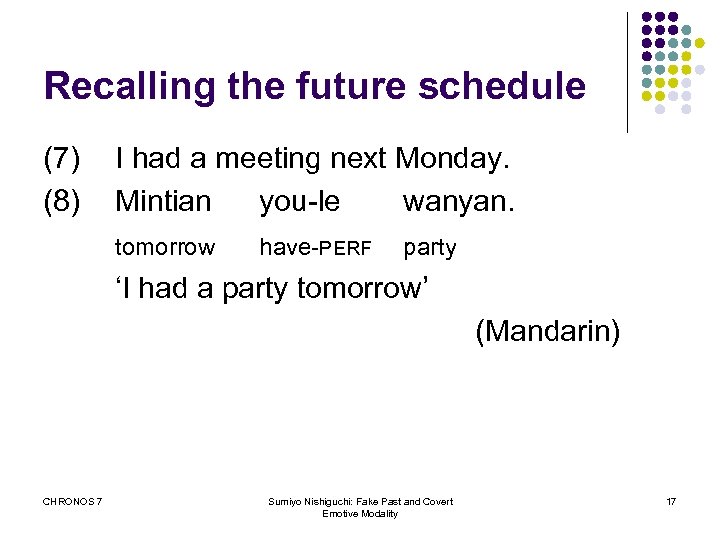 Recalling the future schedule (7) (8) I had a meeting next Monday. Mintian you-le