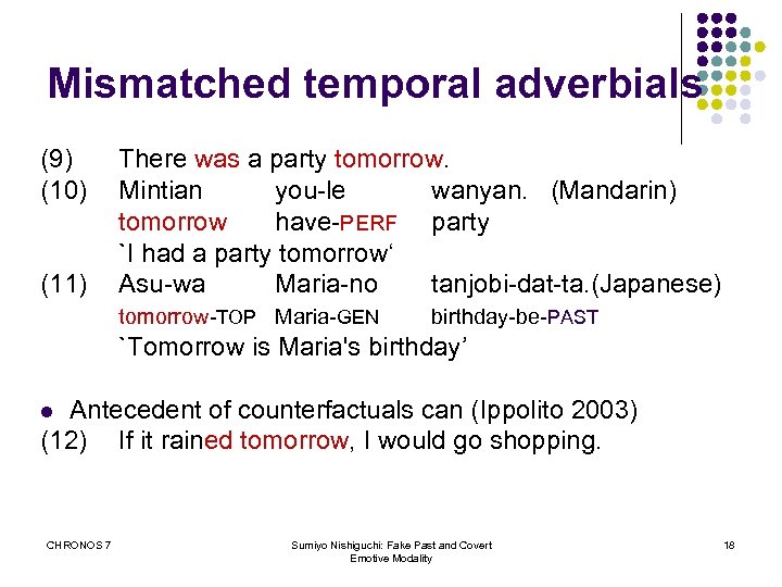 Mismatched temporal adverbials (9) (10) (11) There was a party tomorrow. Mintian you-le wanyan.