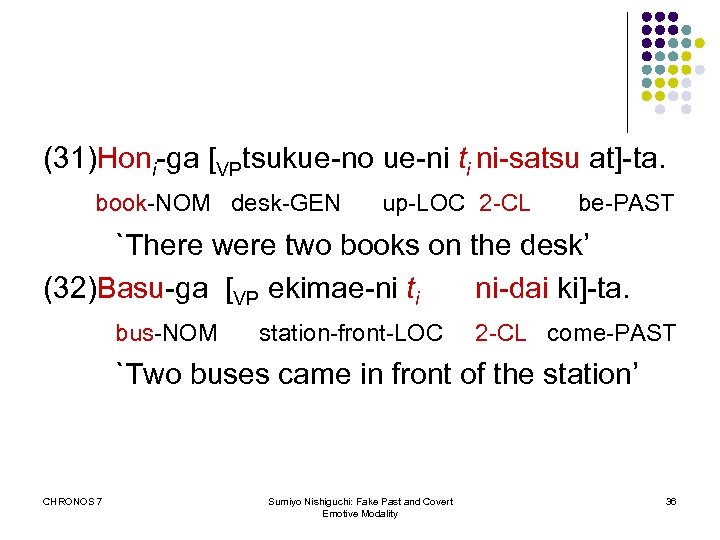 (31)Honi-ga [VPtsukue-no ue-ni ti ni-satsu at]-ta. book-NOM desk-GEN up-LOC 2 -CL be-PAST `There were