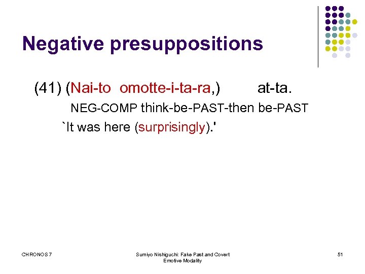 Negative presuppositions (41) (Nai-to omotte-i-ta-ra, ) at-ta. NEG-COMP think-be-PAST-then be-PAST `It was here (surprisingly).