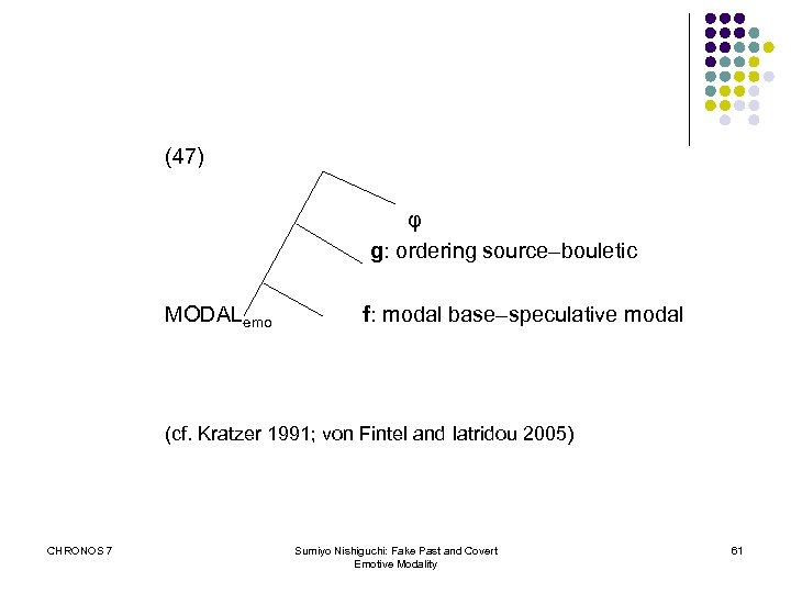 (47) φ g: ordering source–bouletic MODALemo f: modal base–speculative modal (cf. Kratzer 1991; von