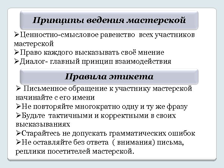 Принципы ведения мастерской ØЦенностно-смысловое равенство всех участников мастерской ØПраво каждого высказывать своё мнение ØДиалог-