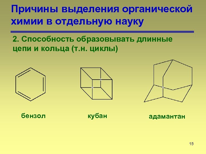 Причины выделения органической химии в отдельную науку 2. Способность образовывать длинные цепи и кольца