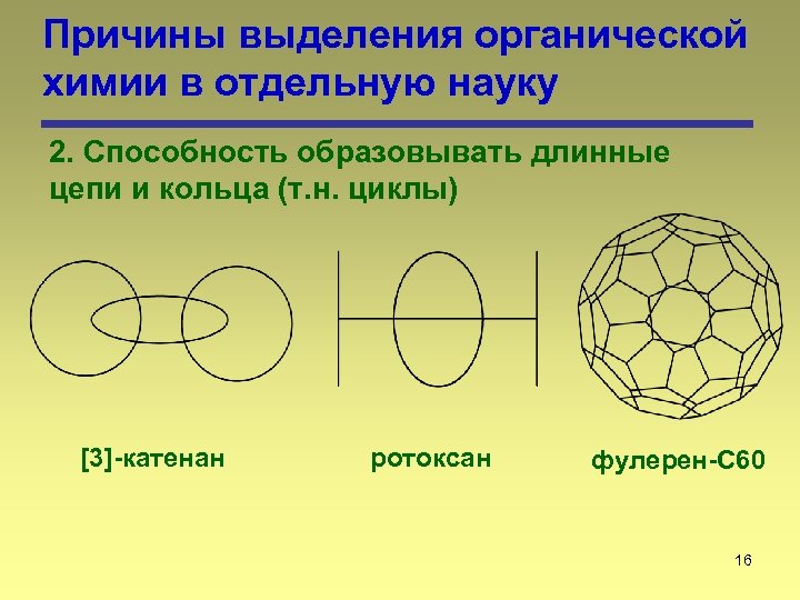 Причины выделения органической химии в отдельную науку 2. Способность образовывать длинные цепи и кольца