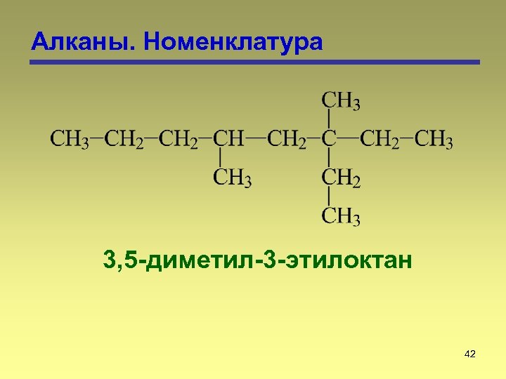 Алканы. Номенклатура 3, 5 -диметил-3 -этилоктан 42 