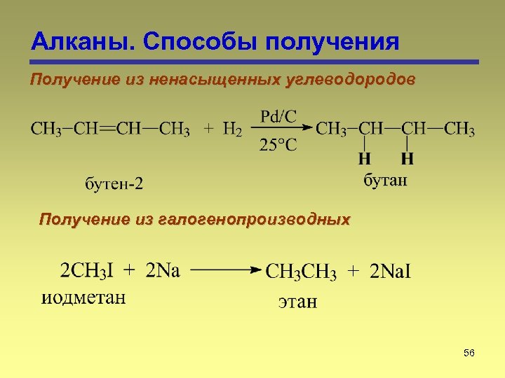 Алканы. Способы получения Получение из ненасыщенных углеводородов Получение из галогенопроизводных 56 