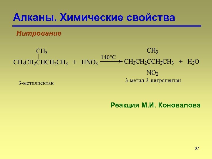Алканы. Химические свойства Нитрование Реакция М. И. Коновалова 67 