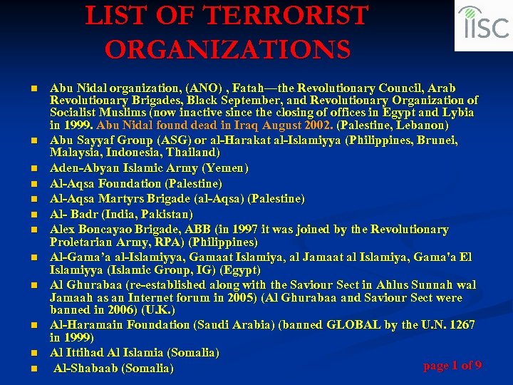 LIST OF TERRORIST ORGANIZATIONS n n n Abu Nidal organization, (ANO) , Fatah—the Revolutionary