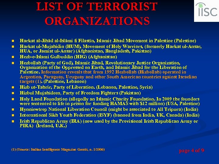 LIST OF TERRORIST ORGANIZATIONS n n n n n Harkat al-Jihād al-Islāmi fi Filastīn,