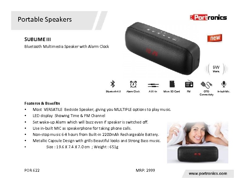 Portable Speakers SUBLIME III Bluetooth Multimedia Speaker with Alarm Clock 9 W Watts Bluetooth