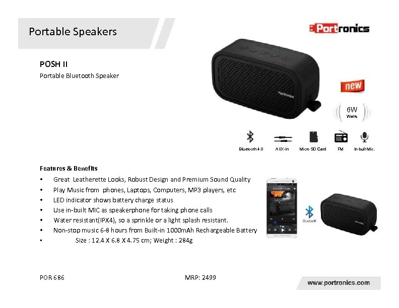 Portable Speakers POSH II Portable Bluetooth Speaker 6 W Watts Bluetooth 4. 0 Features