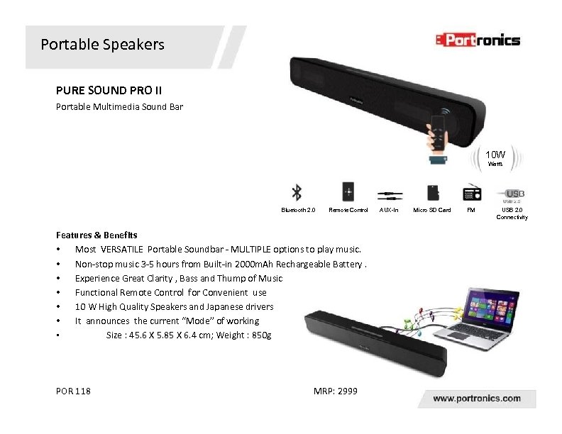 Portable Speakers PURE SOUND PRO II Portable Multimedia Sound Bar 10 W Watts Bluetooth