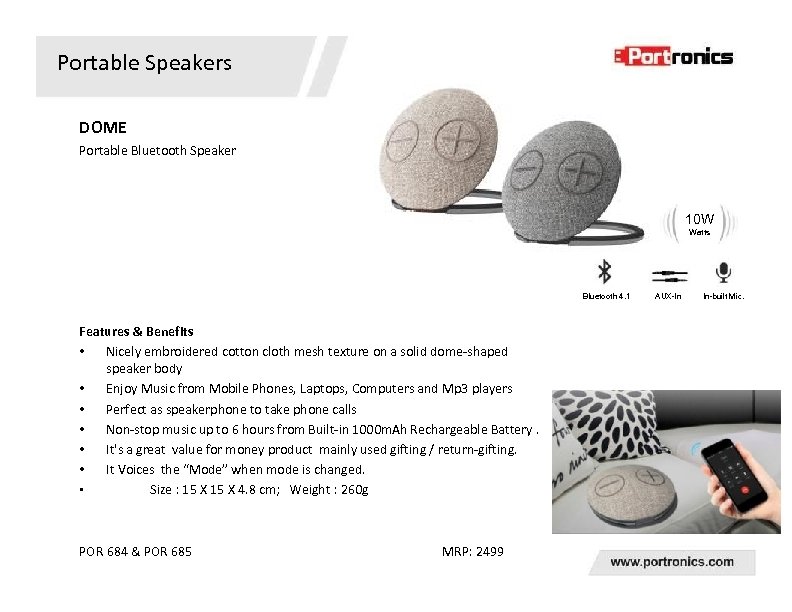 Portable Speakers DOME Portable Bluetooth Speaker 10 W Watts Bluetooth 4. 1 Features &