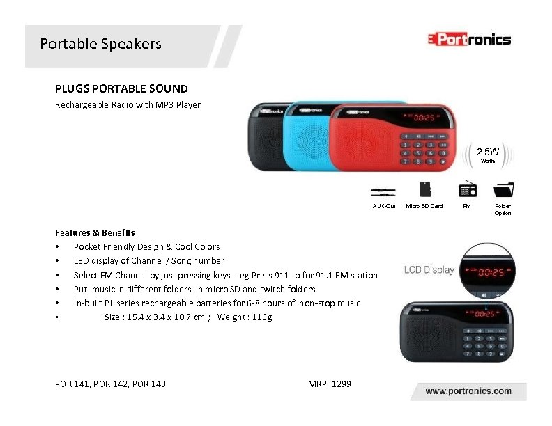 Portable Speakers PLUGS PORTABLE SOUND Rechargeable Radio with MP 3 Player 2. 5 W