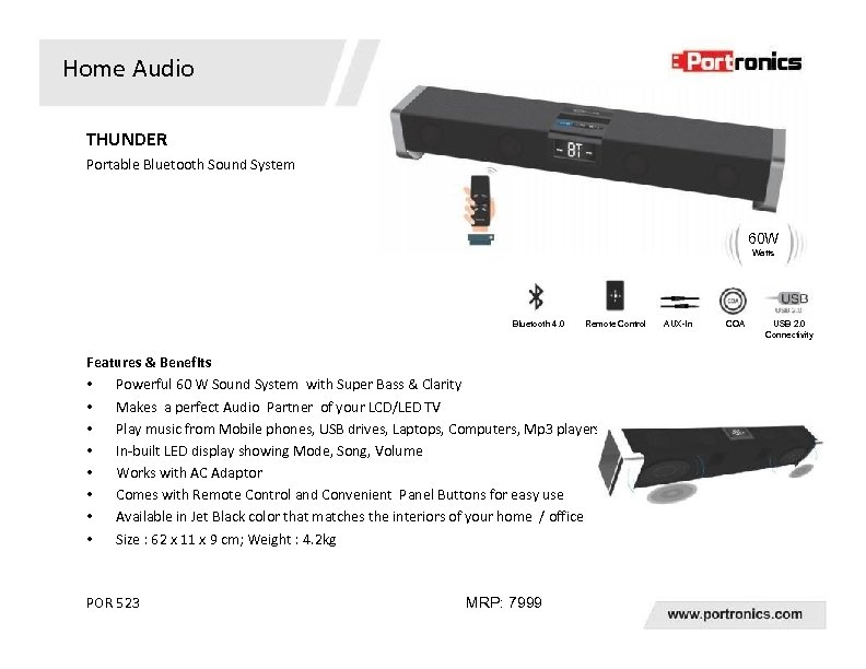 Home Audio THUNDER Portable Bluetooth Sound System 60 W Watts Bluetooth 4. 0 Remote