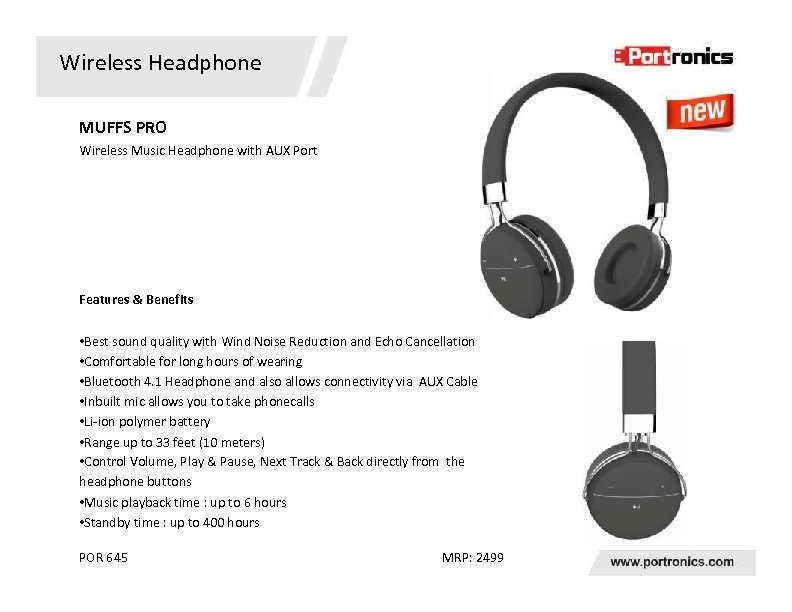 Wireless Headphone MUFFS PRO Wireless Music Headphone with AUX Port Features & Benefits •