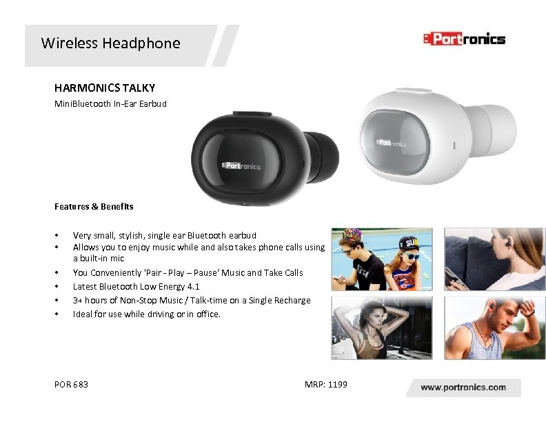 Wireless Headphone HARMONICS TALKY Mini. Bluetooth In-Ear Earbud Features & Benefits • • •