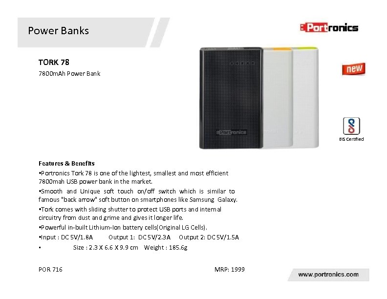 Power Banks TORK 78 7800 m. Ah Power Bank BIS Certified Features & Benefits