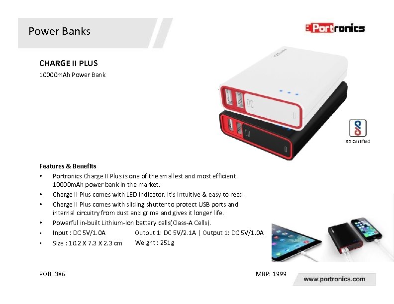 Power Banks CHARGE II PLUS 10000 m. Ah Power Bank BIS Certified Features &