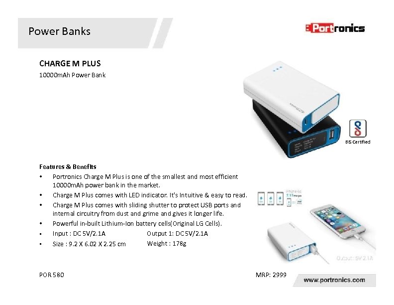 Power Banks CHARGE M PLUS 10000 m. Ah Power Bank BIS Certified Features &