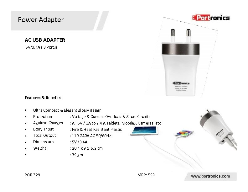 Power Adapter AC USB ADAPTER 5 V/3. 4 A ( 3 Ports) Features &